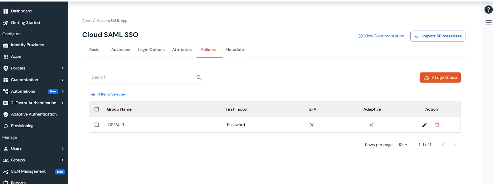 Policy list in the miniOrange create client page