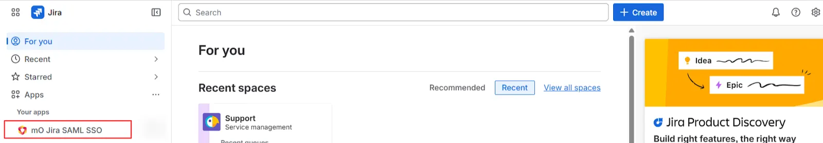 Jira app main menu with the Apps section open and the mO Jira SAML SSO app highlighted