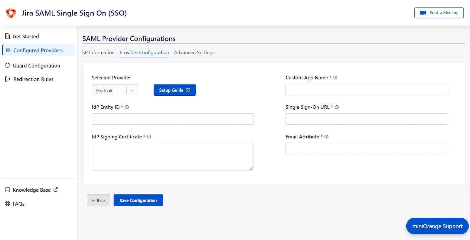mO Jira SAML SSO app configuration page where IDP Entity ID, Single Sign On URL, IDP Signing Certificate, and Email Attribute can be entered