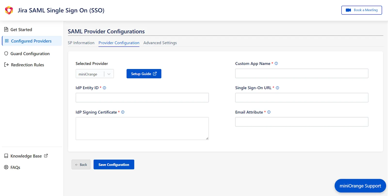 mO Jira SAML SSO app configuration page where IDP Entity ID, Single Sign On URL, IDP Signing Certificate, and Email Attribute can be entered