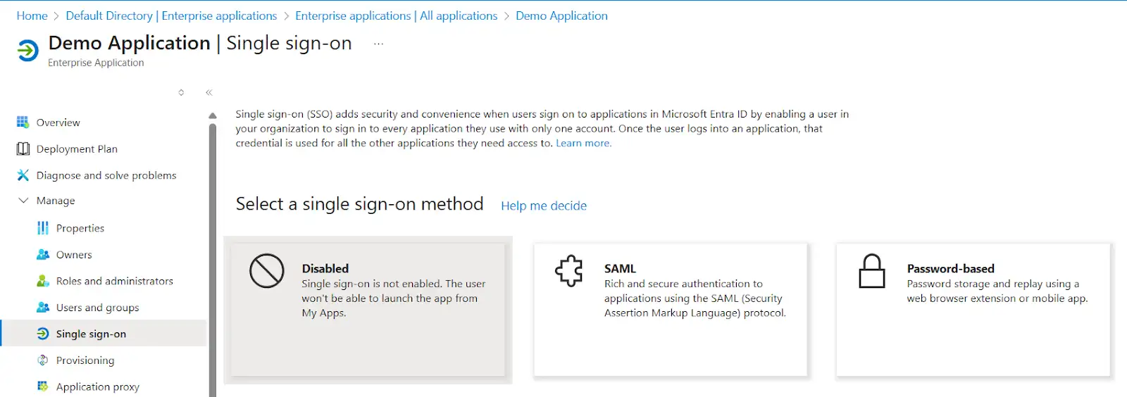 Select SSO Method in Microsoft Entra ID