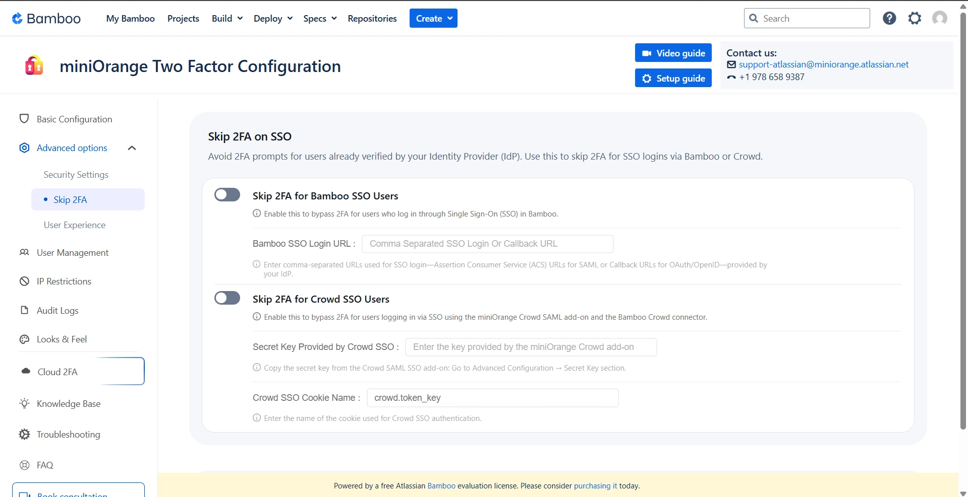 Setup Two Factor (2FA / MFA) Authentication for Bamboo using OTP, KBA, TOTP methods settings