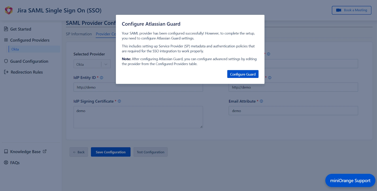 Pop-up notification asking to complete the Atlassian Guard configuration