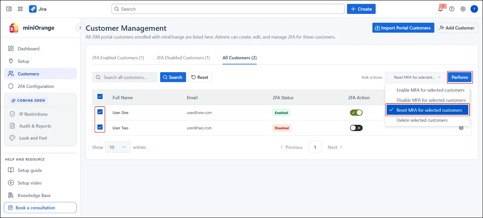 Reset MFA for Selected Customers