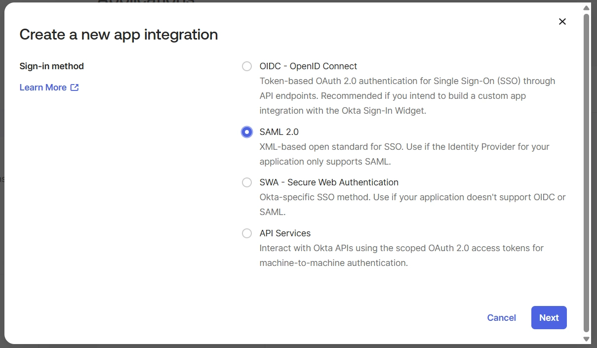select saml in Okta Cloud SAML SSO