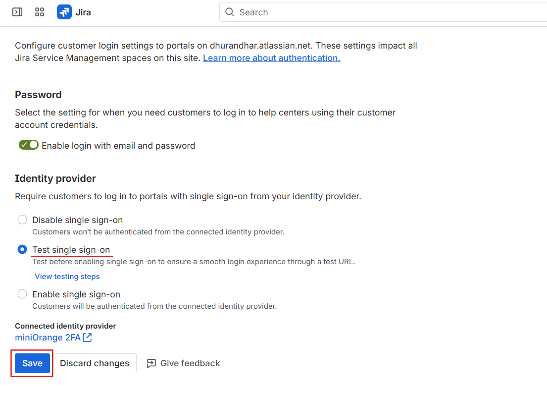 Select Test SSO and Save