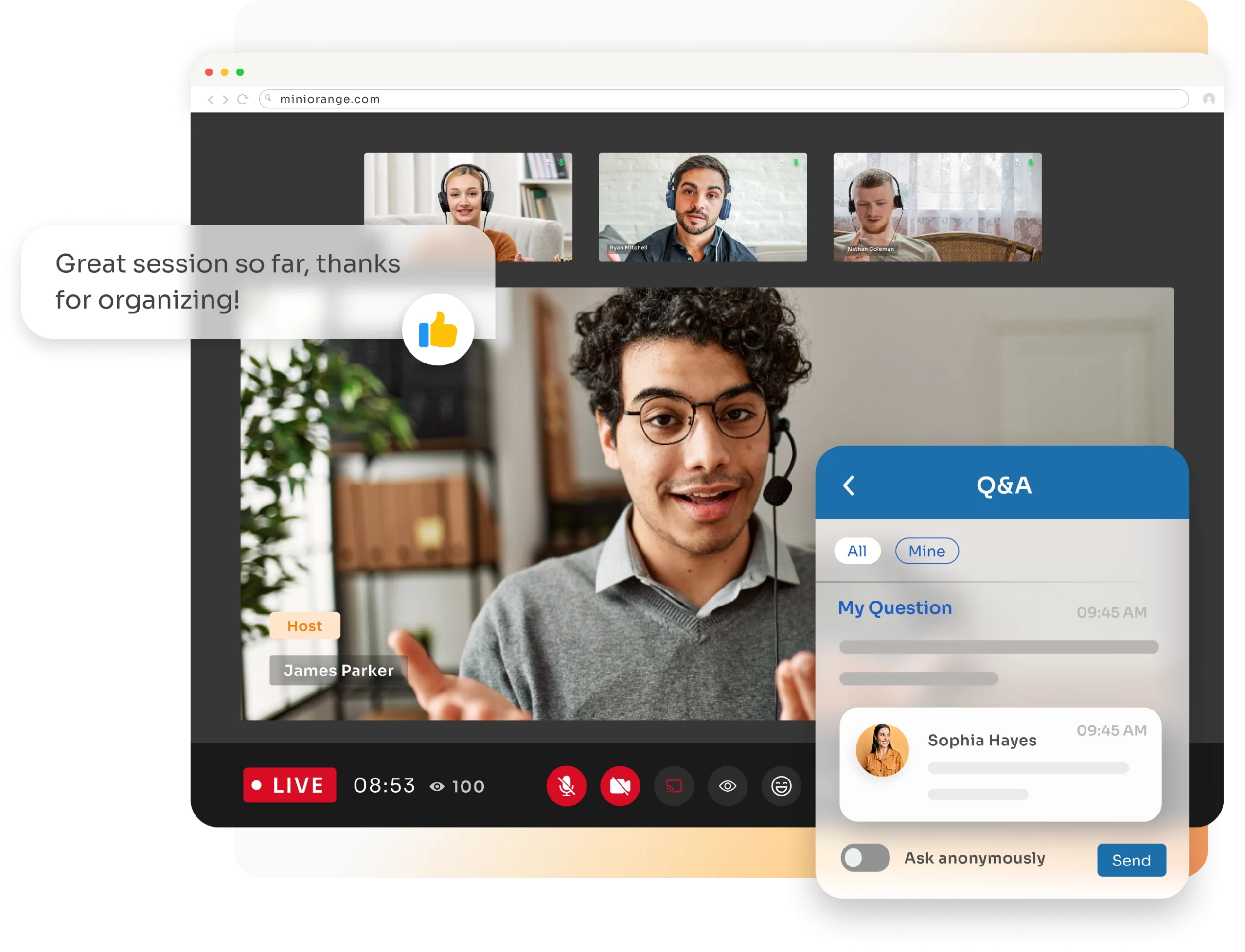 Live webinar session with presenter, participant tiles, chat, and Q&A panel