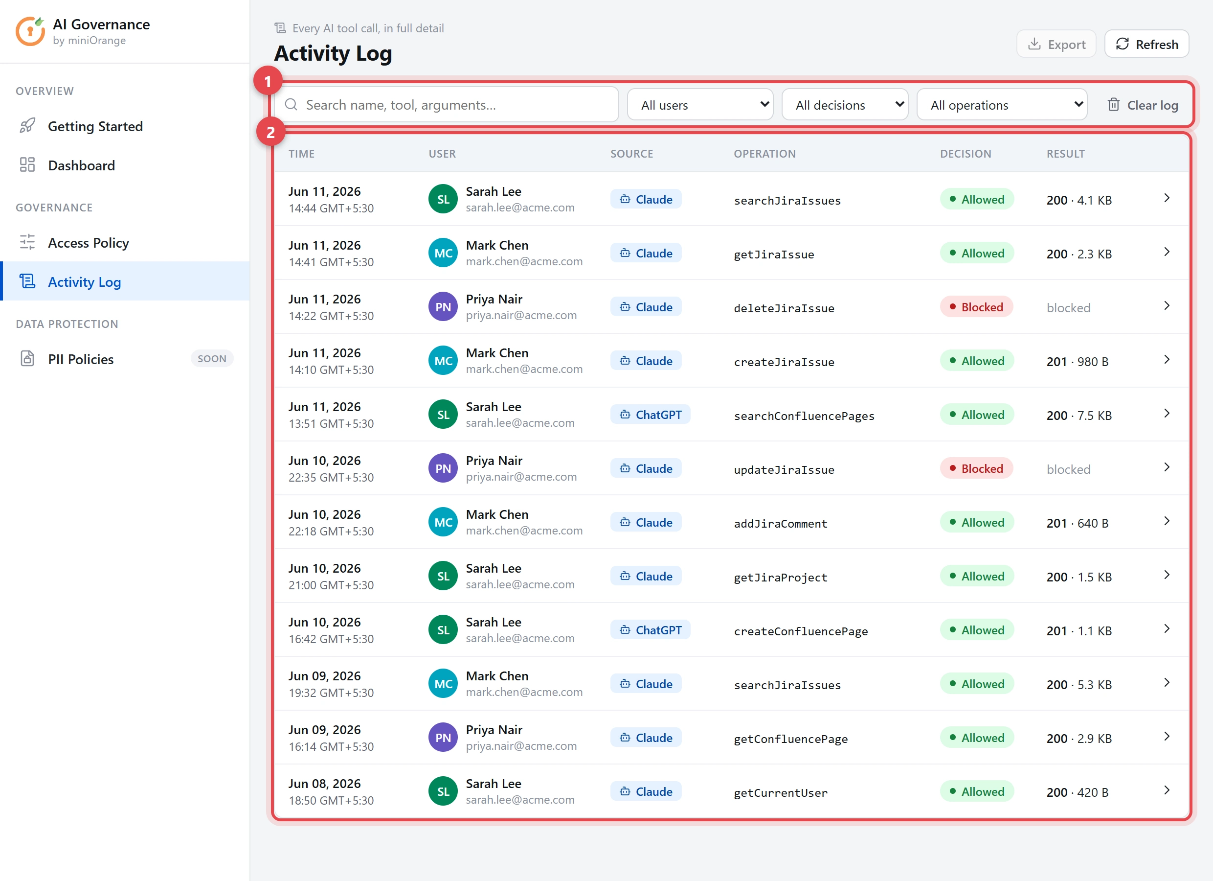 AI Governance Activity Log — search, filters, and table of AI actions