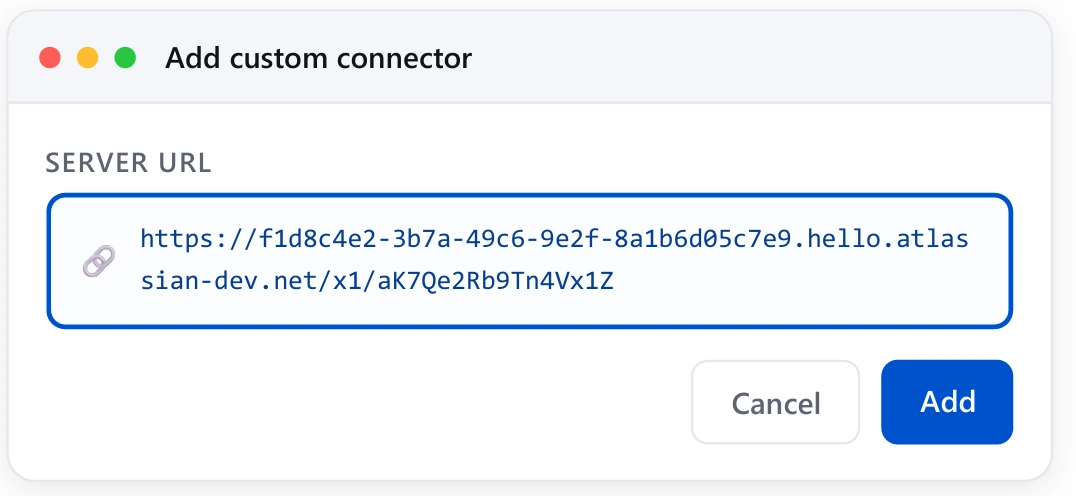 Claude Add custom connector screen — paste MCP server URL in Server URL field