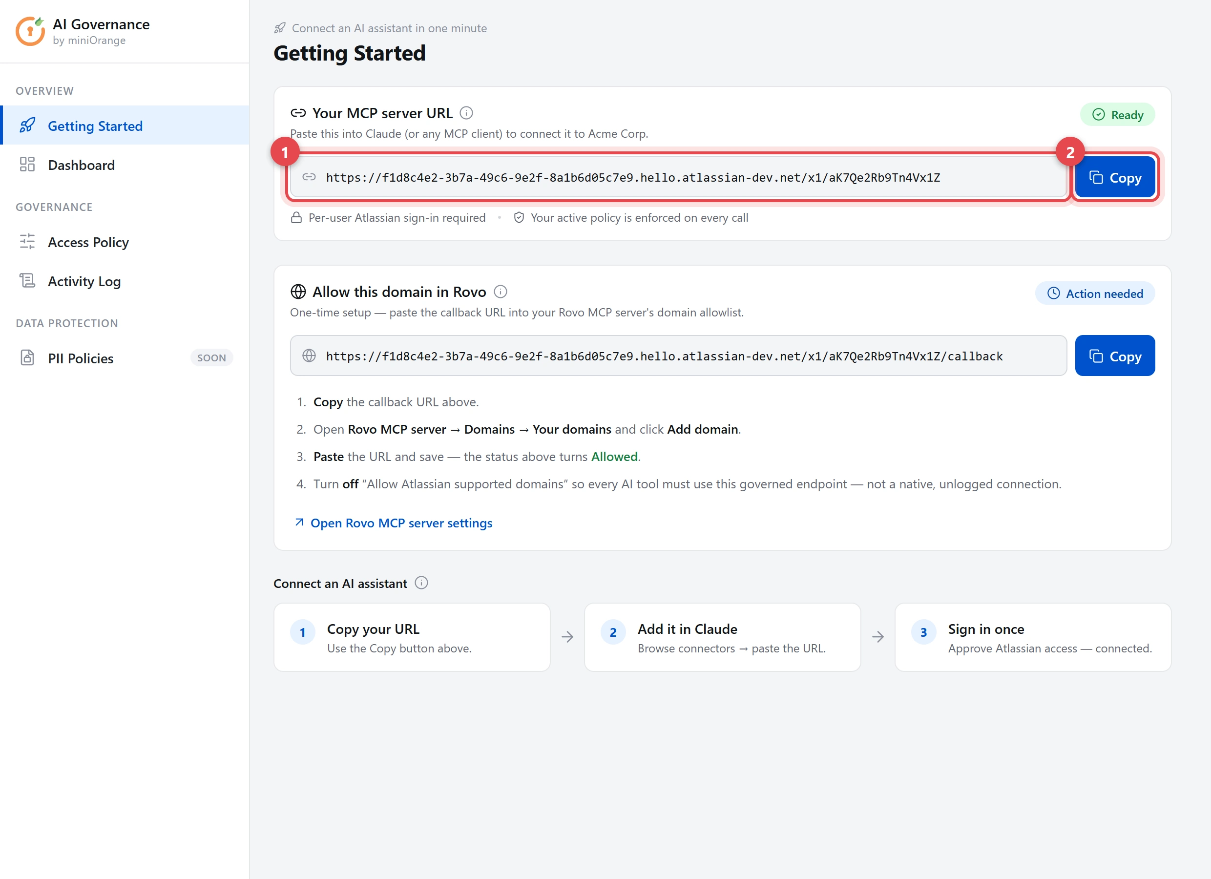 AI Governance Getting Started — MCP server URL with copy button