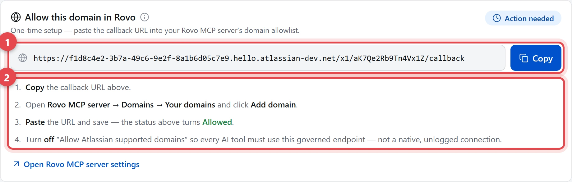 AI Governance Getting Started — Allow this domain in Rovo card with callback URL and copy button
