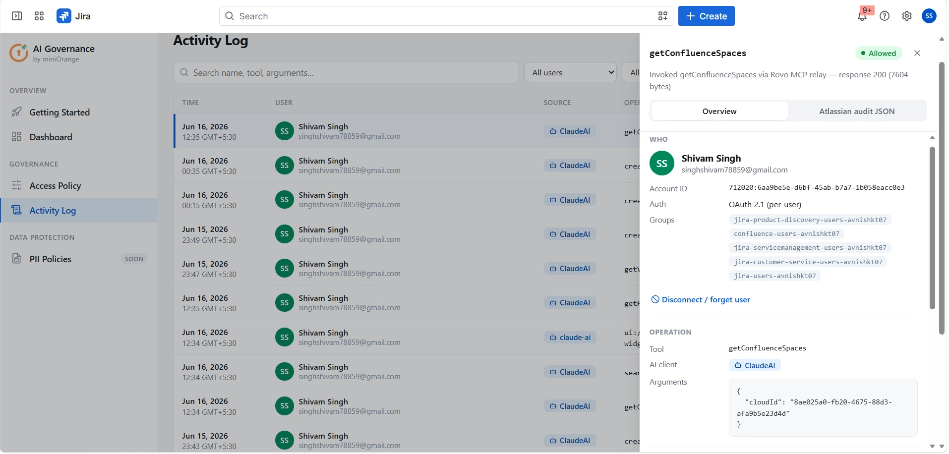 AI Governance Dashboard — request totals, block rate, top tools, allowed vs blocked charts
