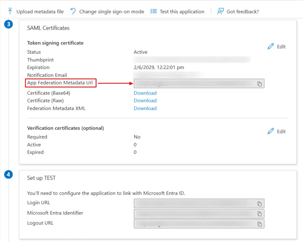 Single Sign On(SSO)using Microsoft Entra ID (Previously known as Azure AD), Entra ID SAML SSO new application metadata url