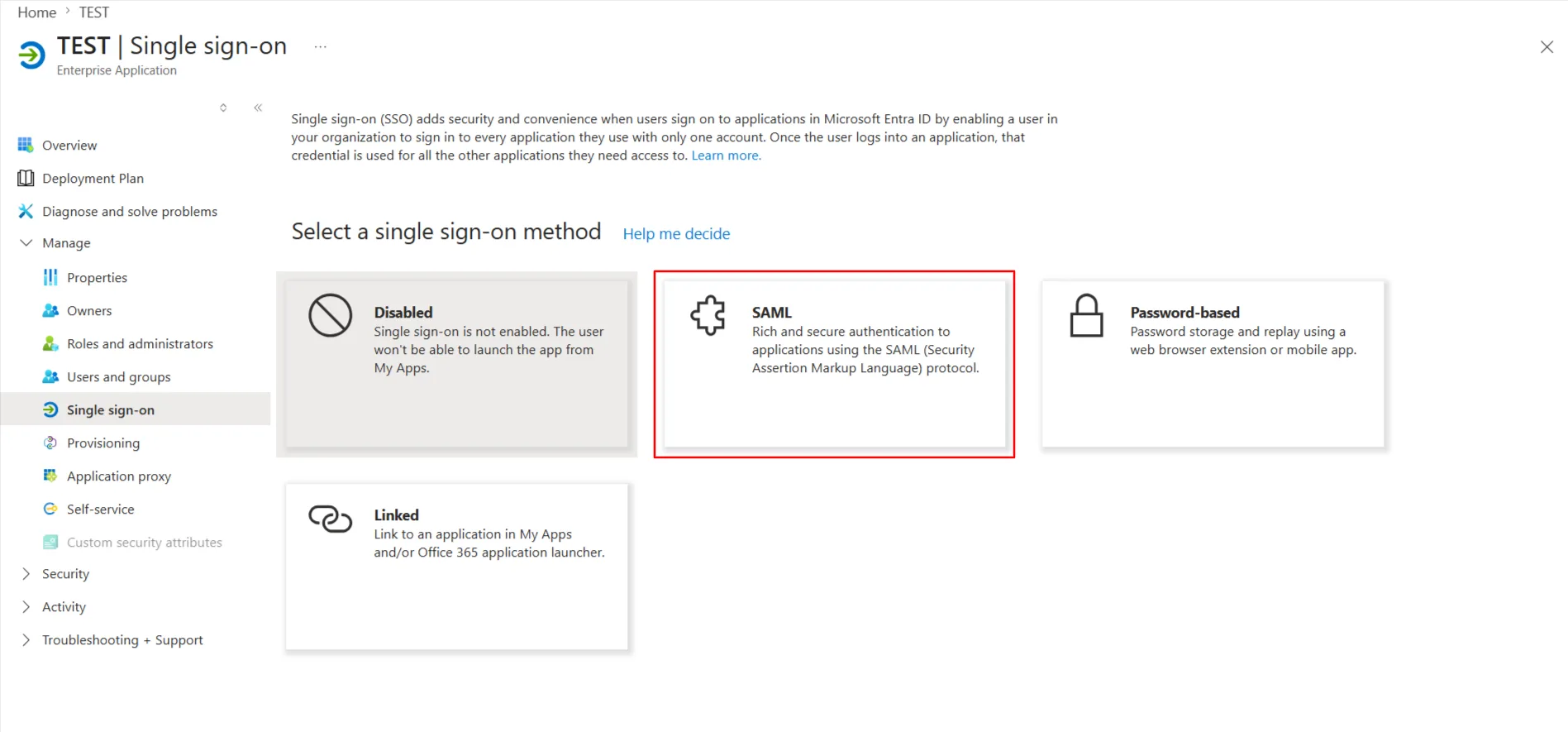 Single Sign On(SSO)using Microsoft Entra ID (Previously known as Azure AD), Entra ID SAML SSO new application select sso method