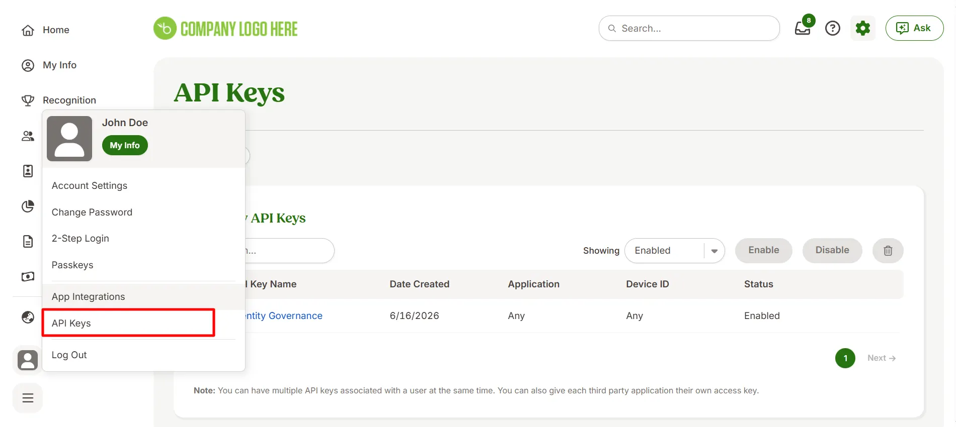Navigate to Profile → API Keys in BambooHR