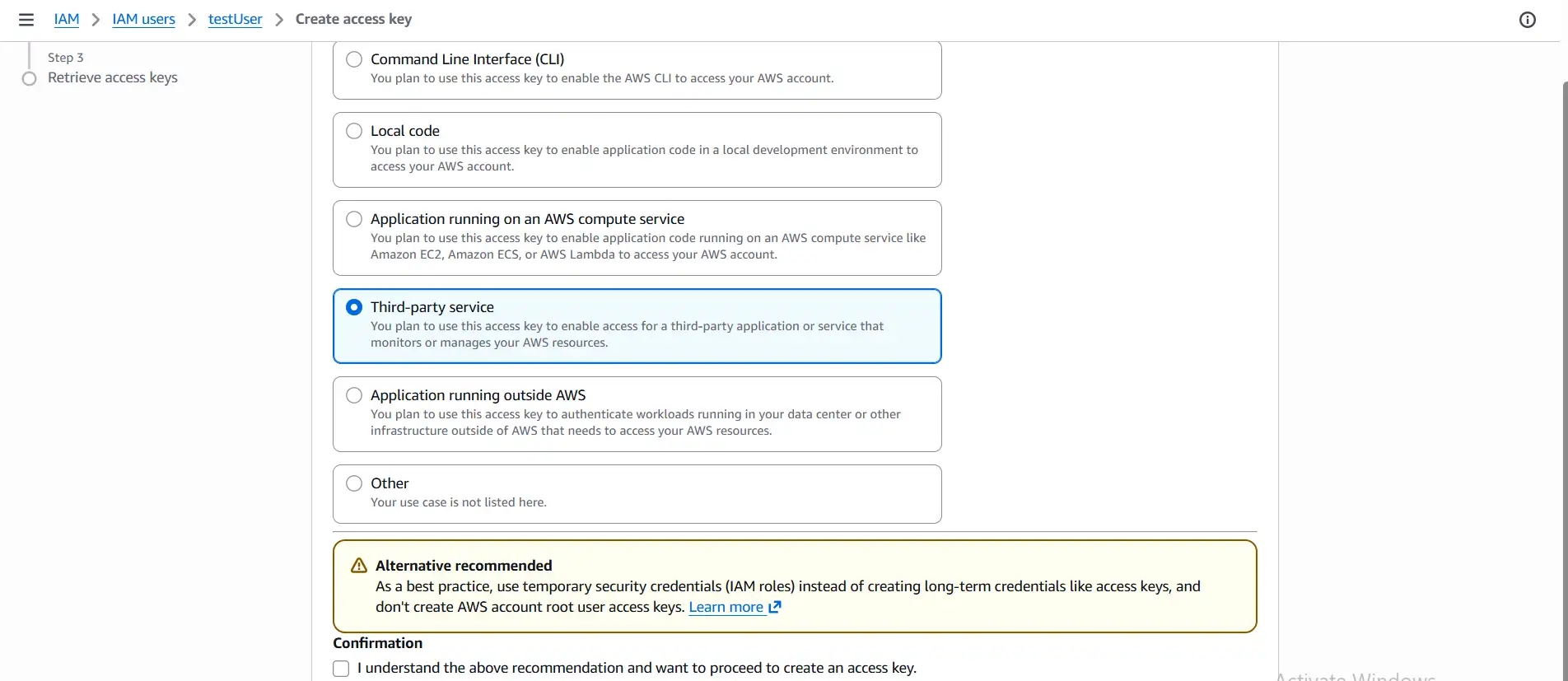 Create access key for third party service