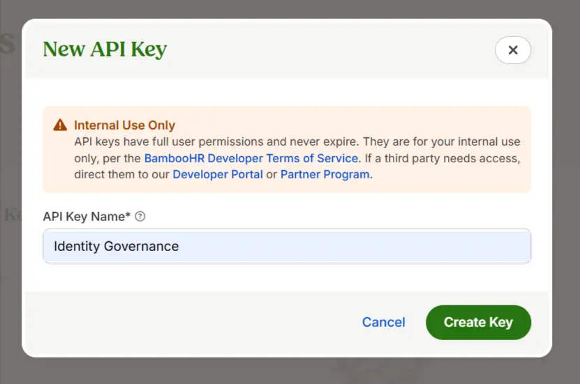 Create new API key in BambooHR