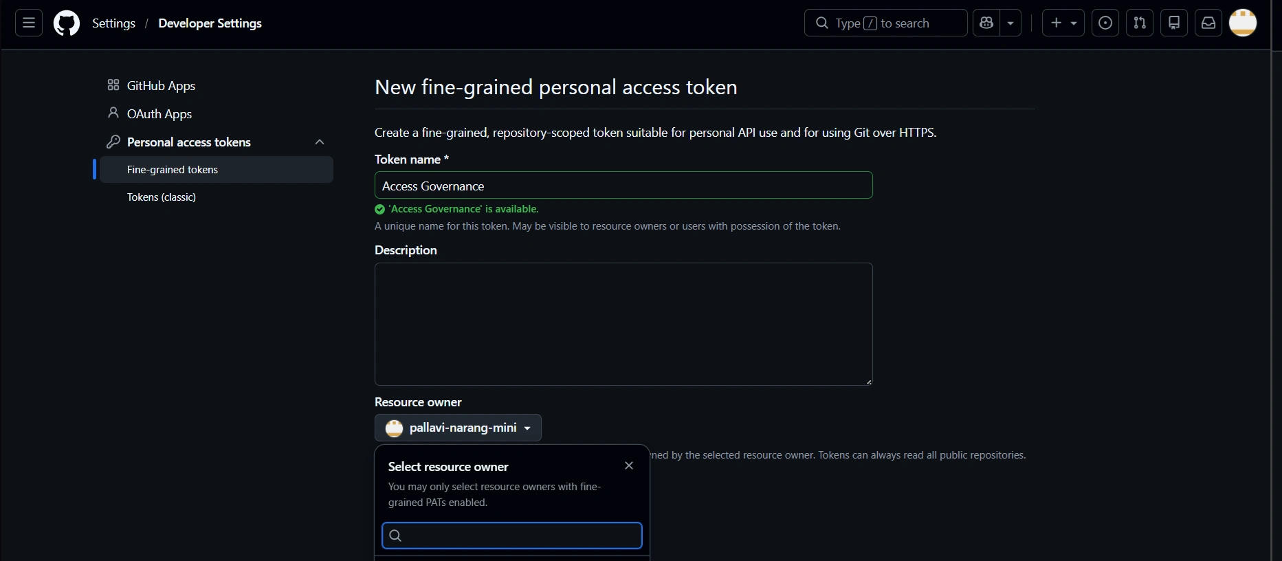 Click Generate new token under Fine-grained tokens in GitHub