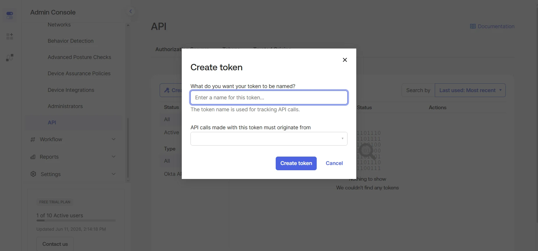Enter a name for the token in Okta Admin Console
