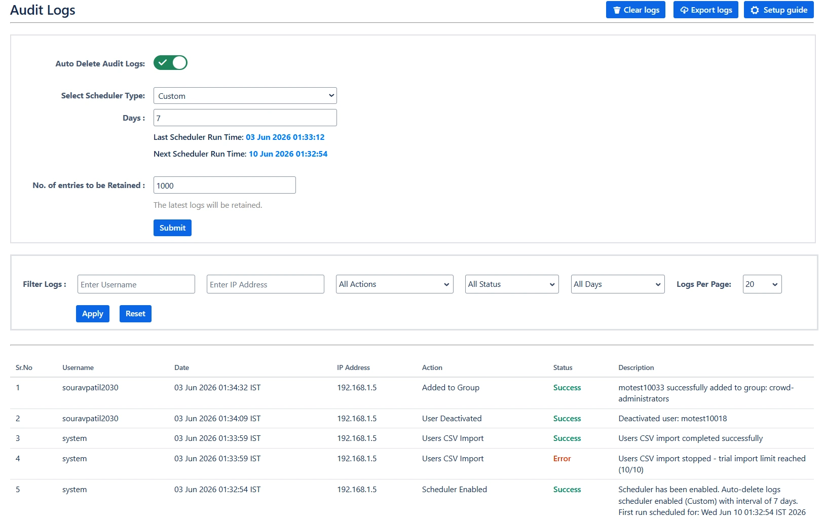 Crowd AUM Audit Log tab showing action history with filter and export options