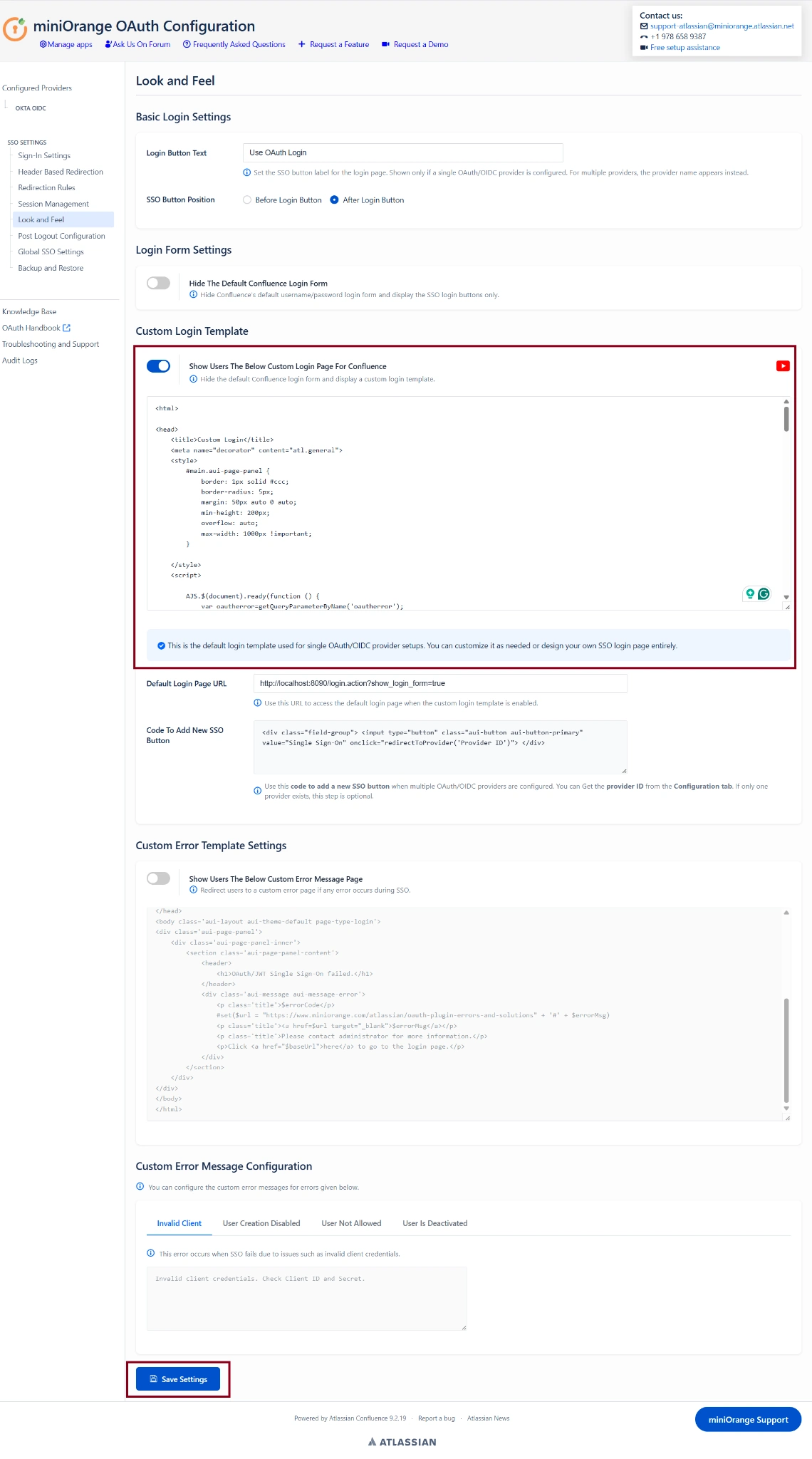 Custom Login Template editor with enable option checked and Save Settings button visible