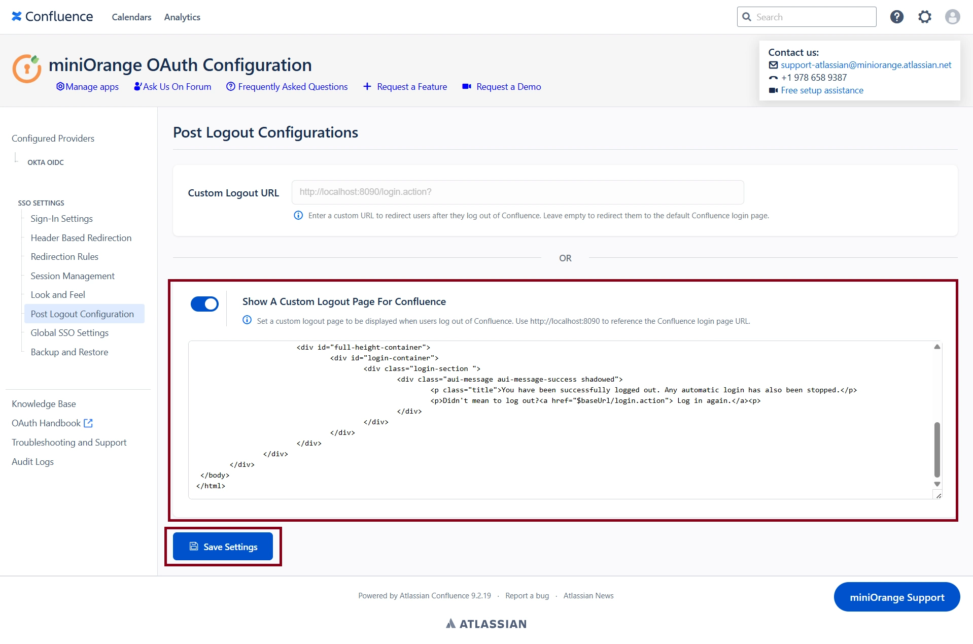Custom Logout Page editor with enable option checked and Save Settings button visible