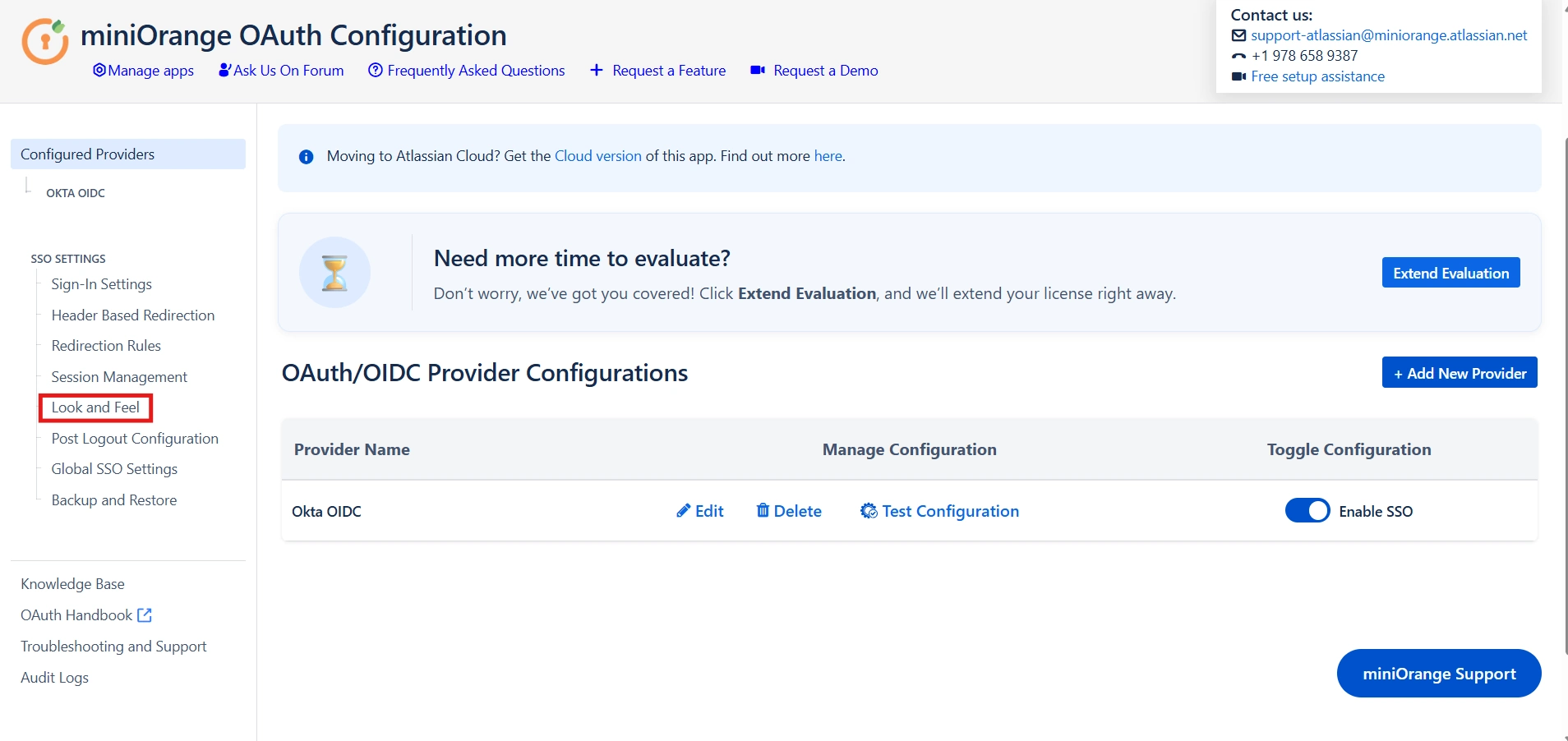 Look and Feel tab under SSO Settings in the miniOrange plugin configuration