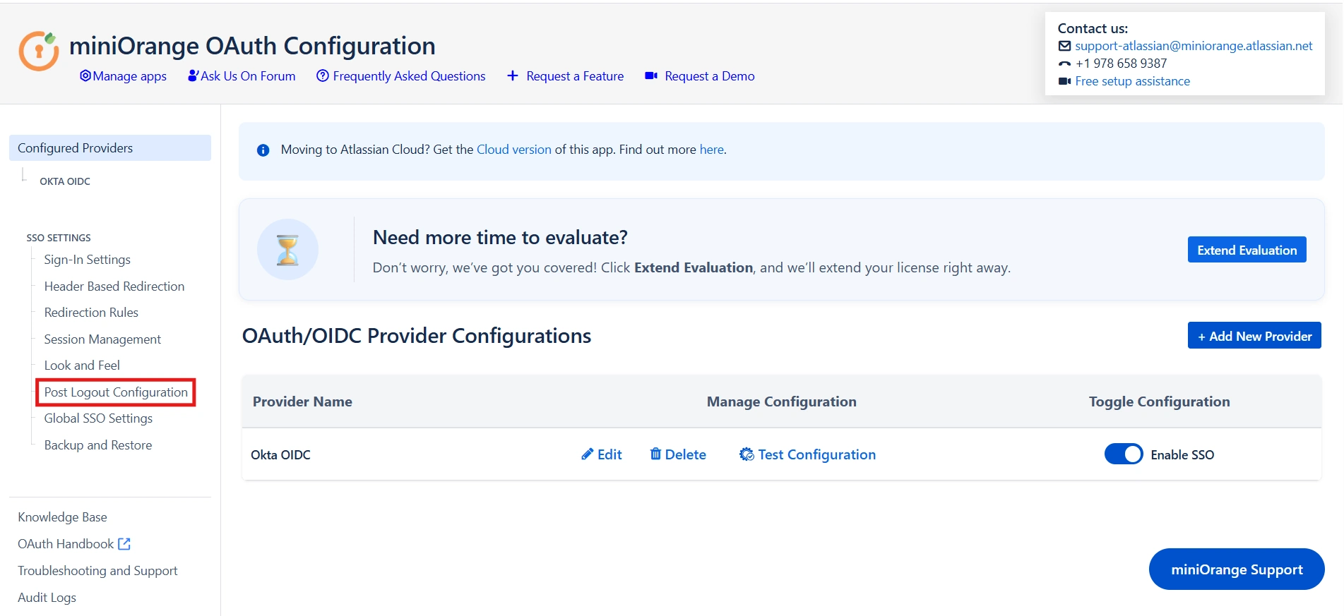 Post Logout Configurations tab under SSO Settings