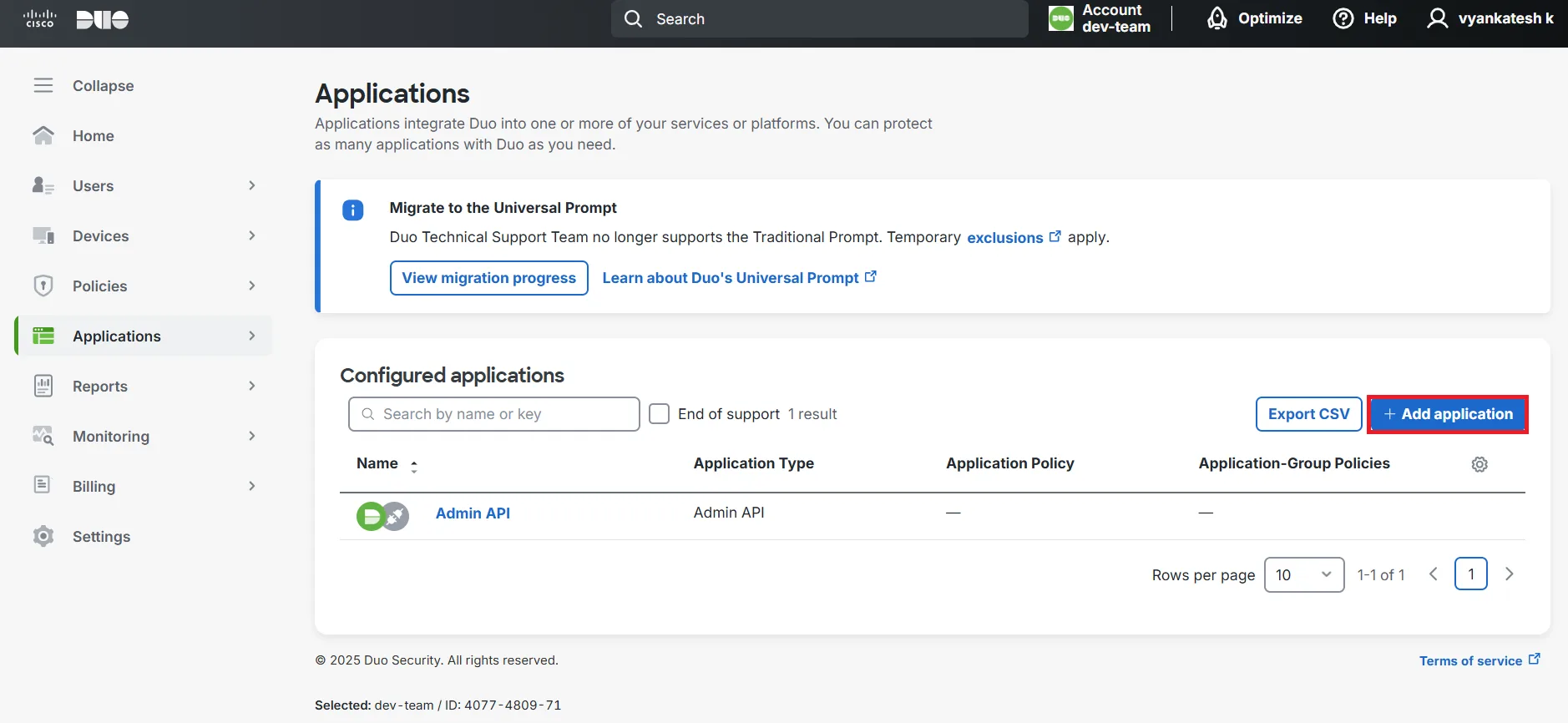 Click Add Application button in DUO Admin dashboard