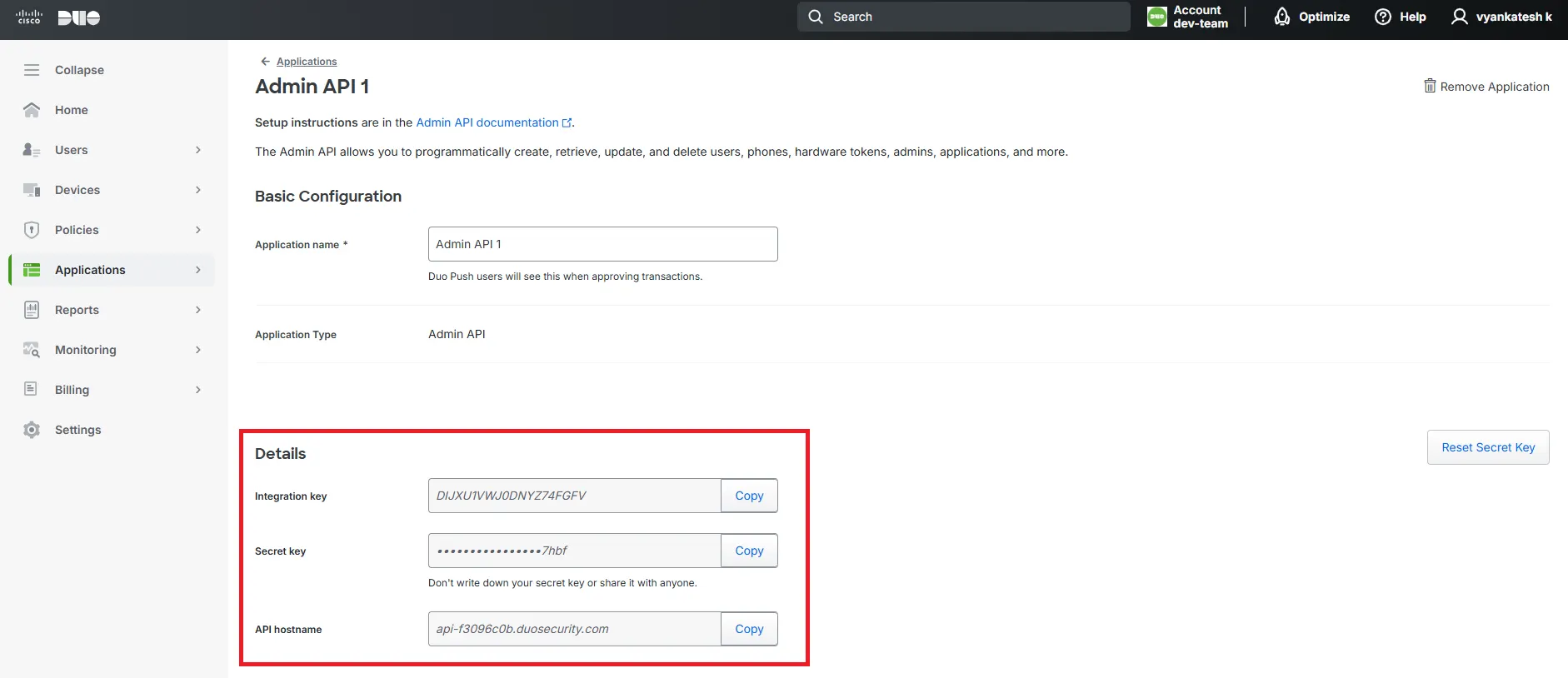 Admin API integration keys and hostname in DUO Admin dashboard