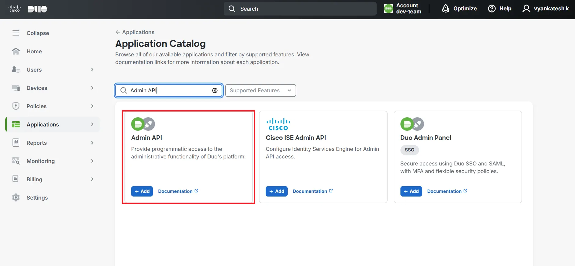 Search for Admin API Application in DUO Admin dashboard