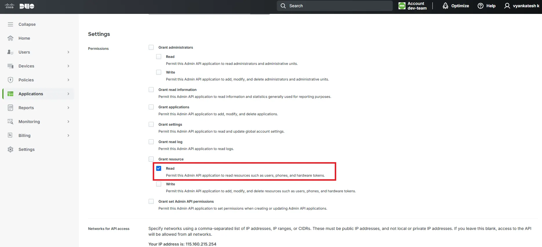 Grant read permissions in DUO Applications settings