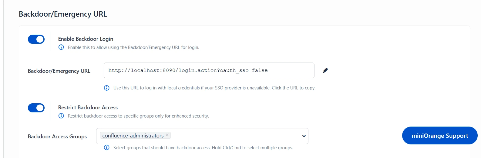 Sign In Settings tab with Enable Backdoor Login toggled on and emergency URL displayed