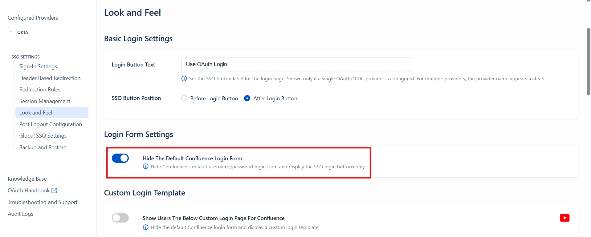 Login Page Settings with Hide The Default Confluence Login Form toggle enabled and Save Settings button visible