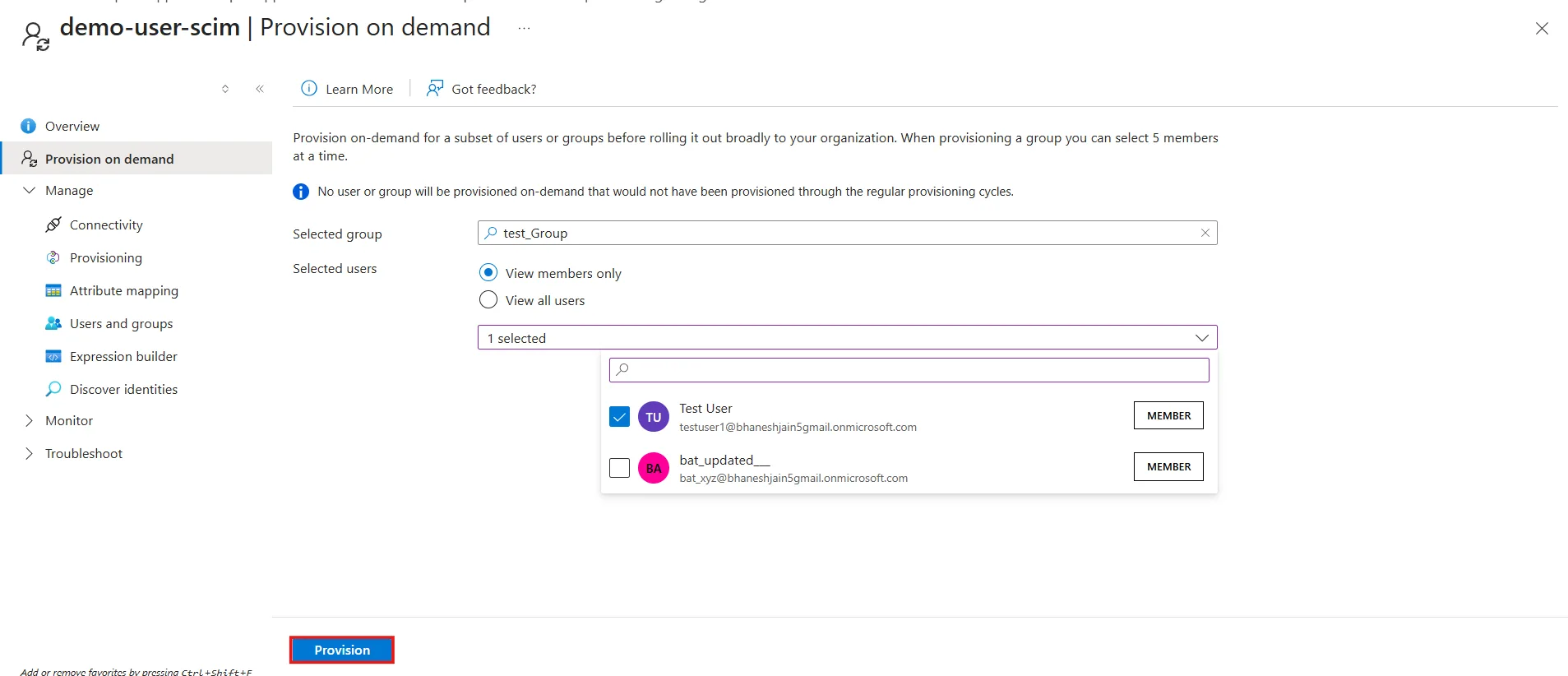 Entra ID Provision on Demand Select Users and Groups