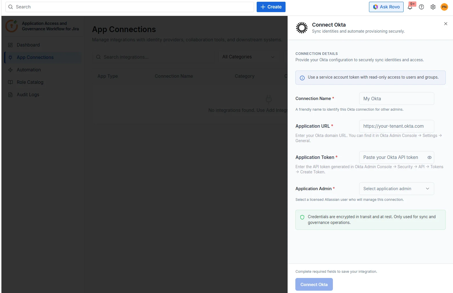 Fill in the connection details for Okta
