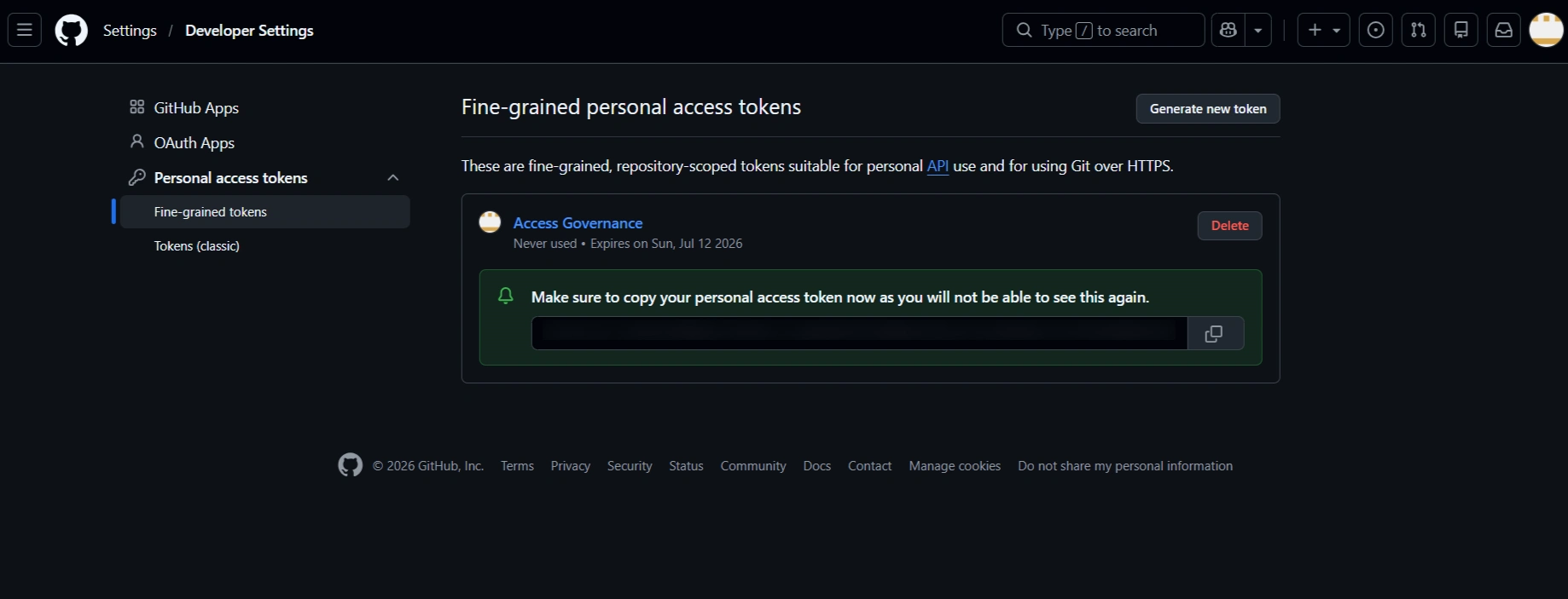 Copy the token immediately and store it securely