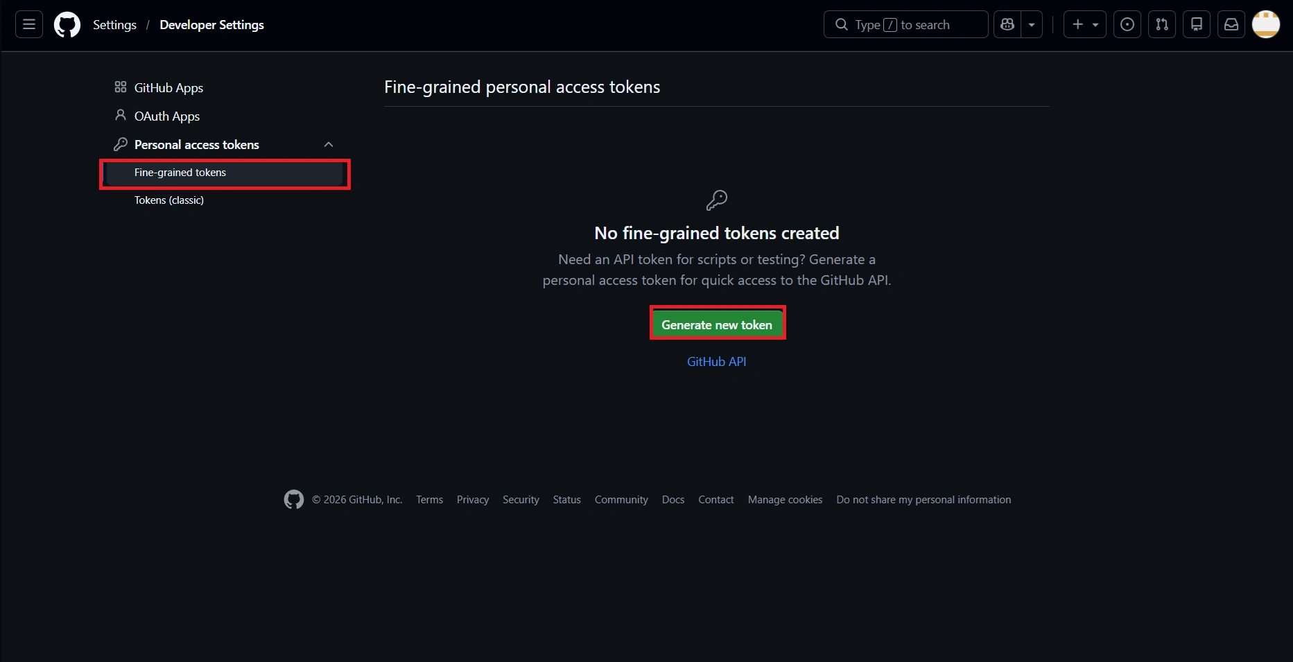 Navigate to Developer settings → Personal access tokens in GitHub
