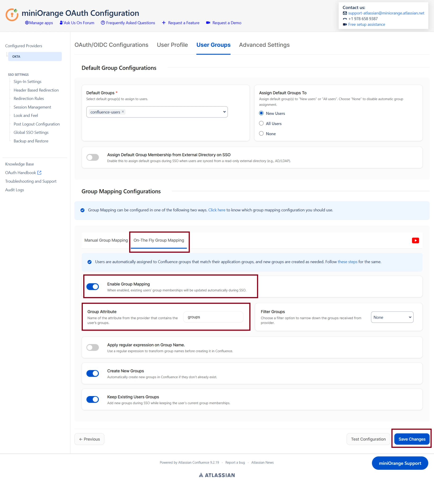 User Groups tab with Enable Group Mapping checked, Group Attribute set to groups, and Save Changes button visible
