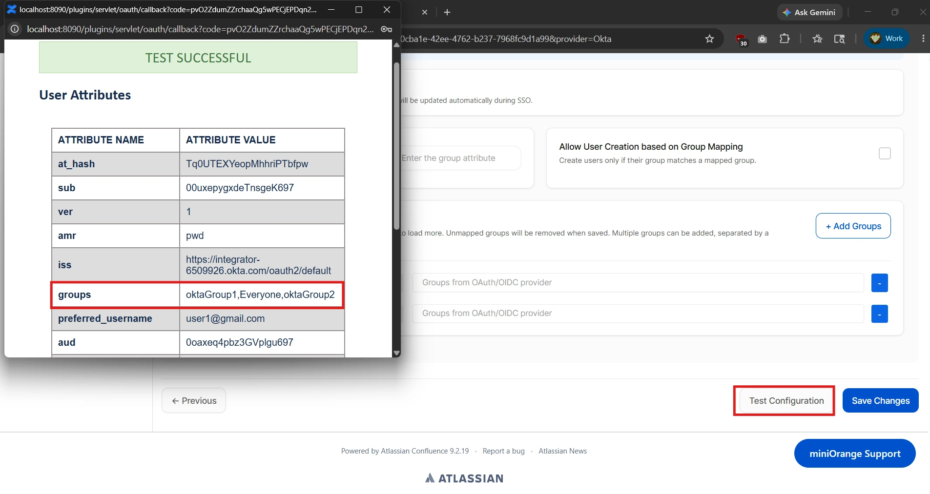 Test Configuration results showing groups attribute with values oktaGroup1, oktaGroup2, and Everyone