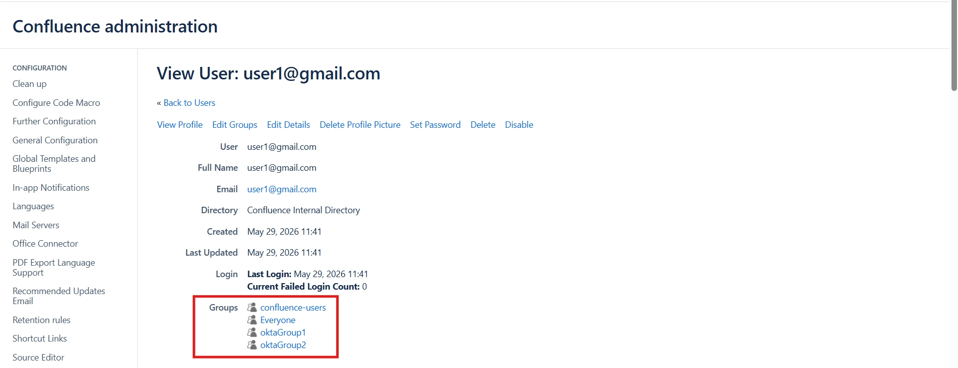 Confluence user profile for user1@gmail.com showing groups oktaGroup1, oktaGroup2, Everyone, and confluence-users