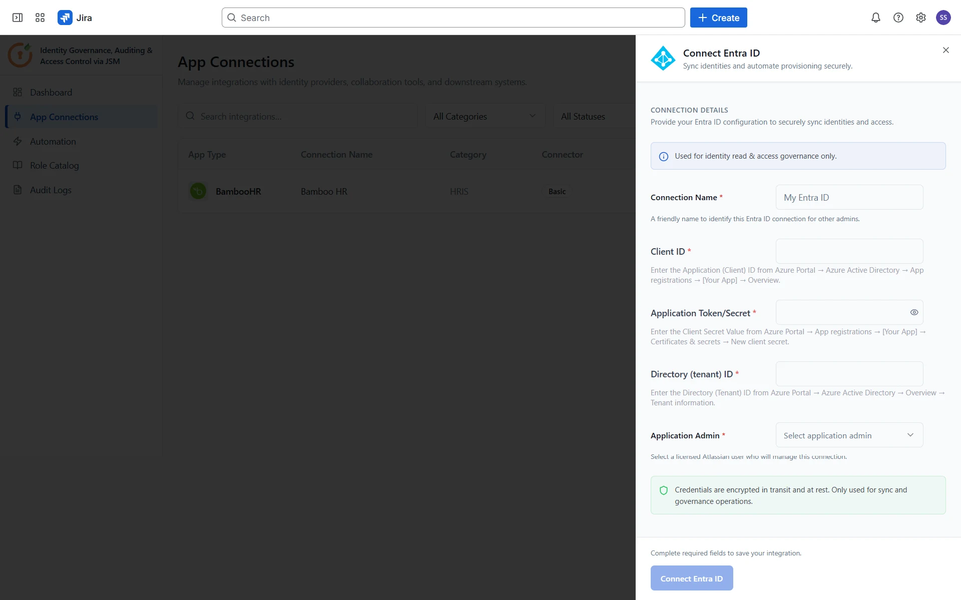 Enter the connection details for Entra ID
