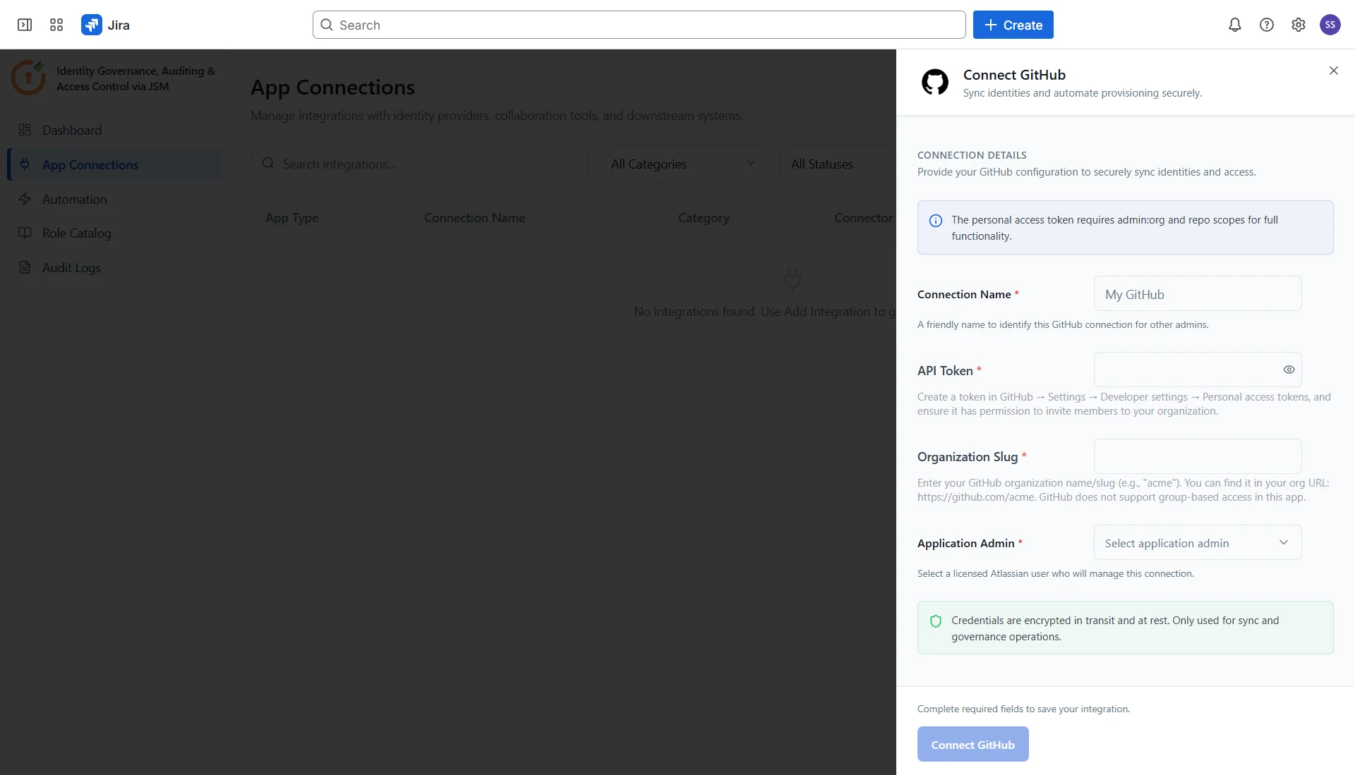 Enter the connection details for GitHub