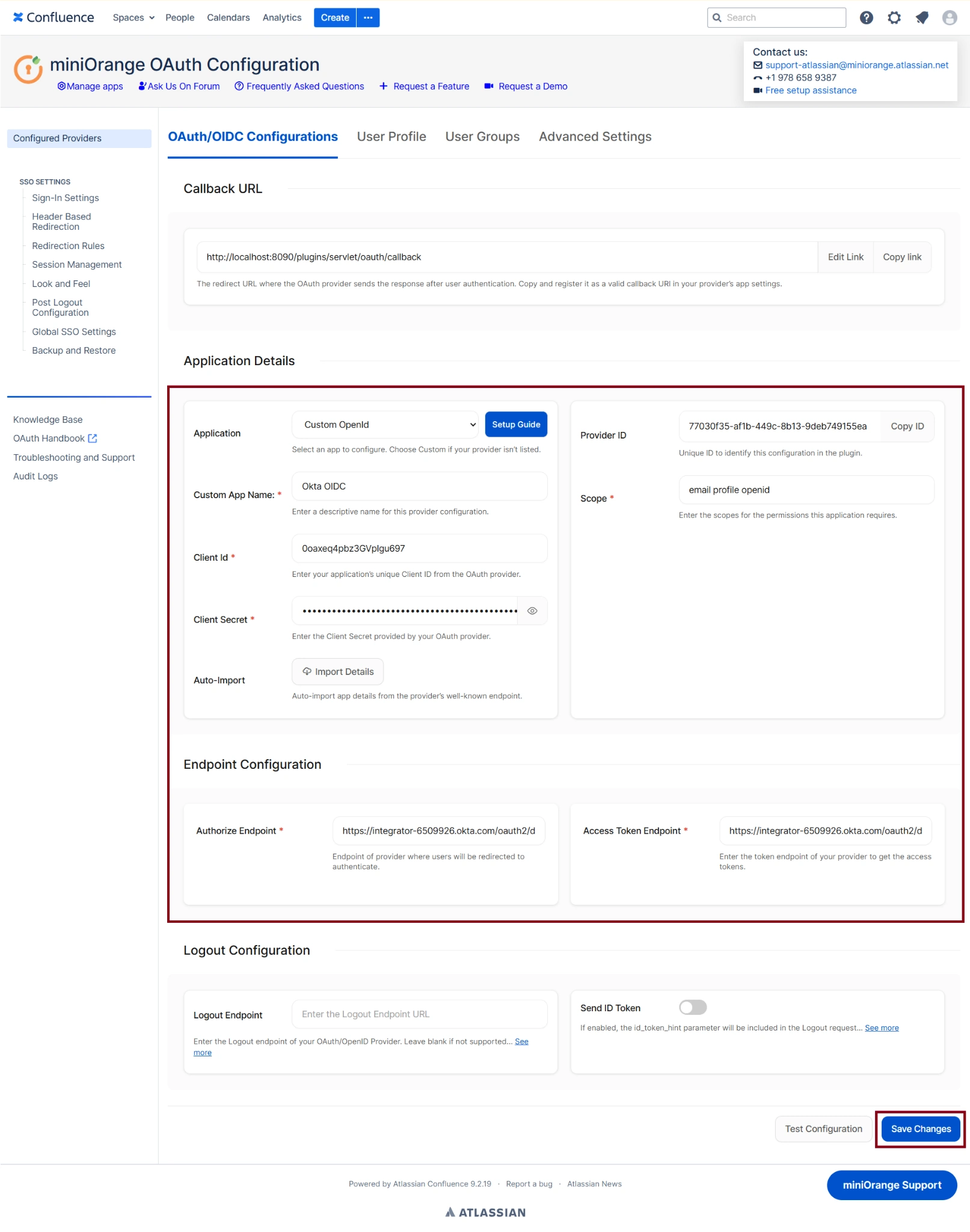 OIDC configuration form with Callback URL, Client ID, Client Secret, Authorization Endpoint URL, Token Endpoint URL, and Scopes filled in with Save Changes button visible