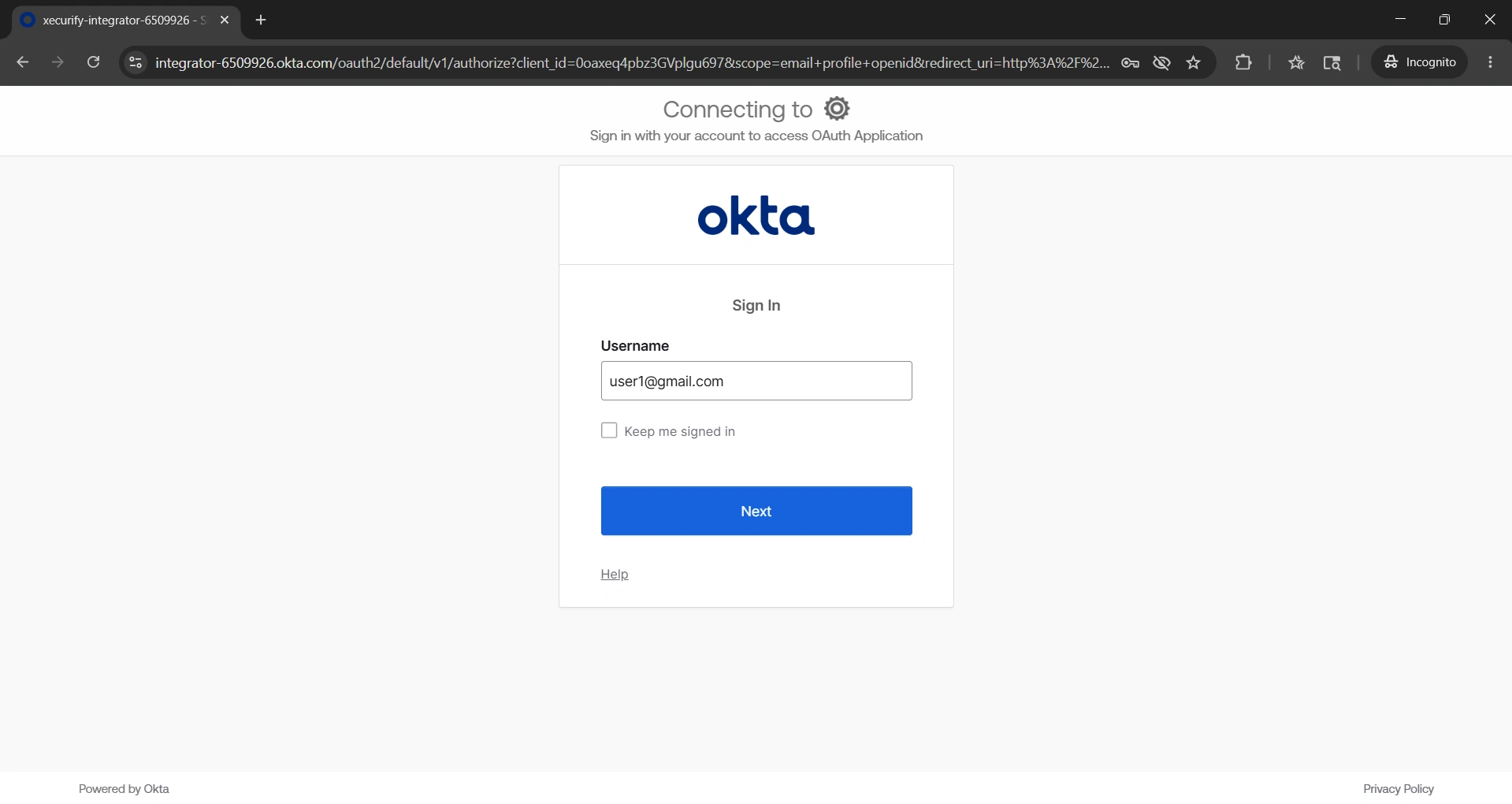 Okta sign-in page where user enters credentials