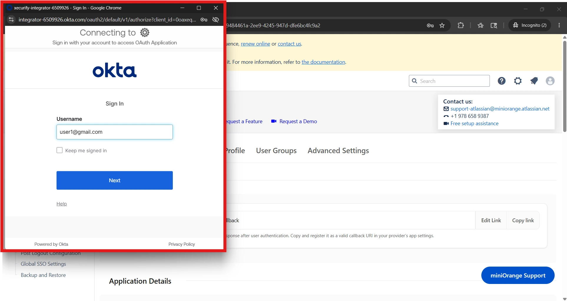 Test Configuration window with provider sign-in prompt