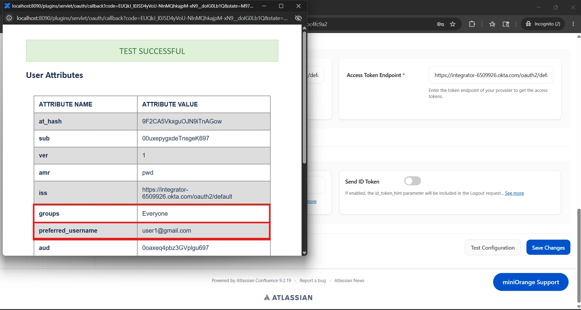Test Successful message with user attributes displayed in a table format