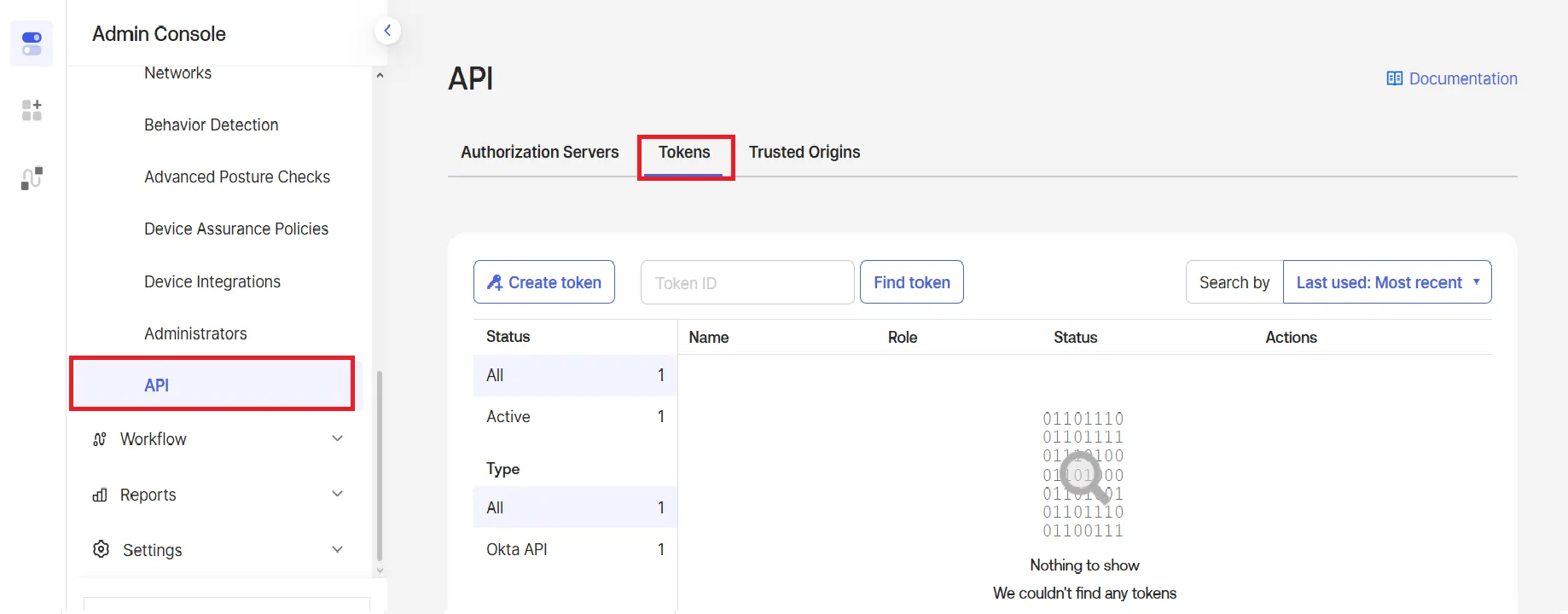 Navigate to Security → API → Tokens in Okta Admin Console