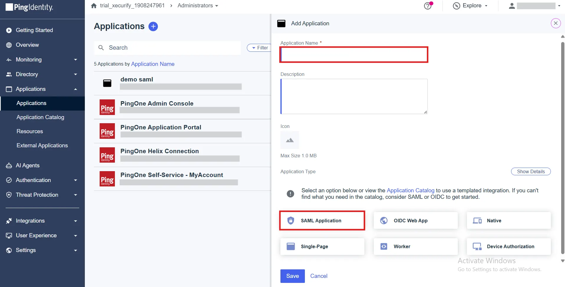 PingIdentity Add Application Details Section