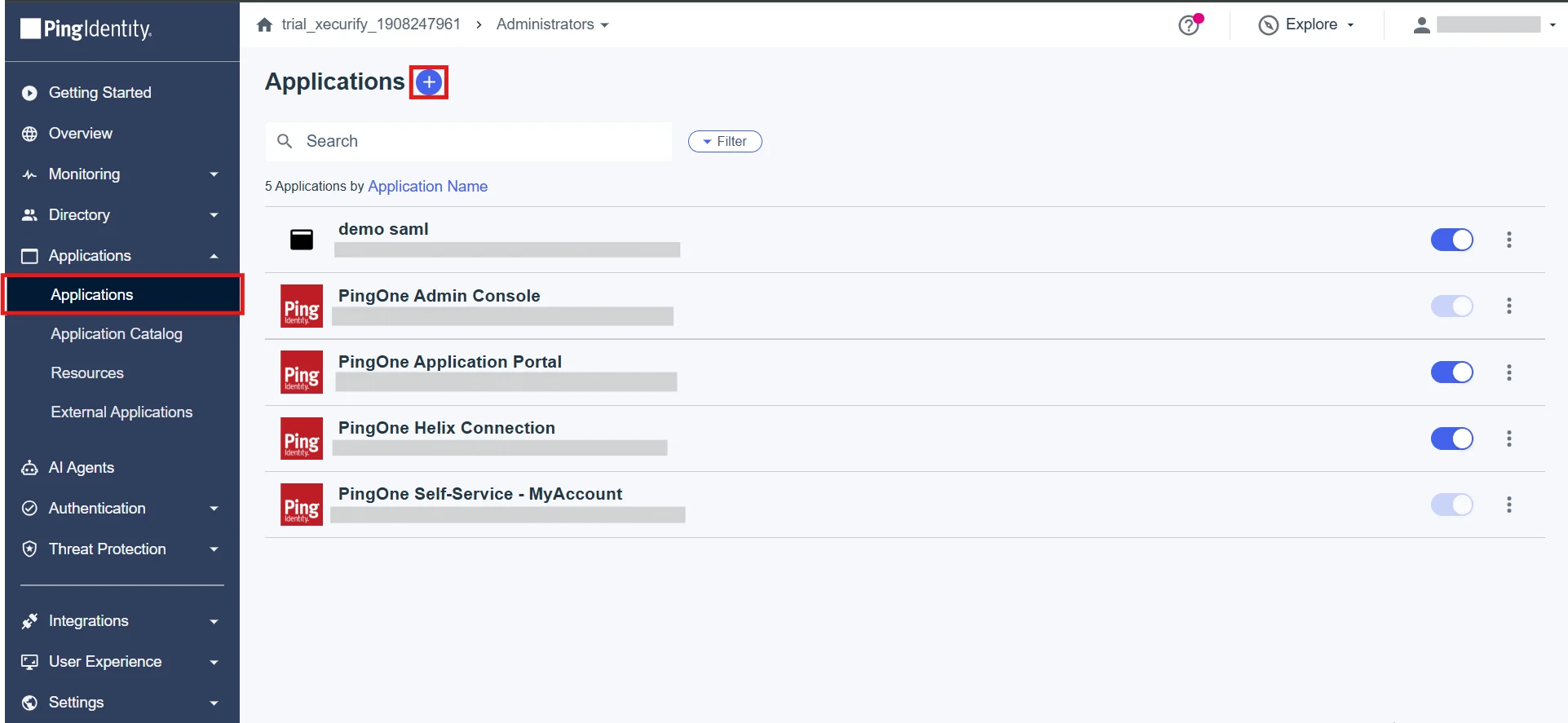 PingIdentity Add Applications Section